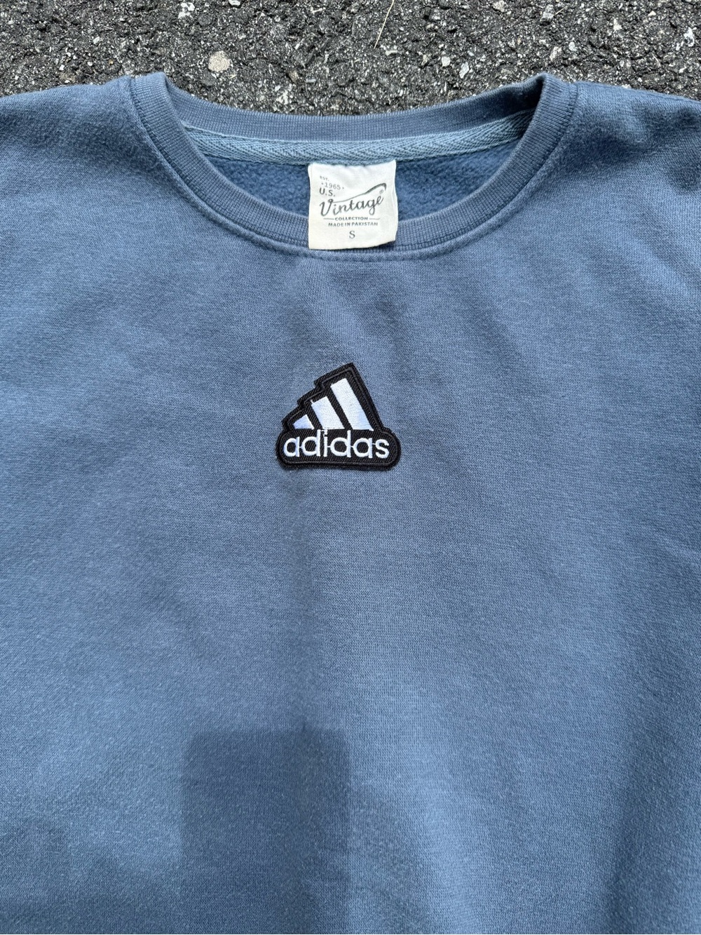 Vintage 60s adidas Men's Crewneck Sweatshirt in Dusty Blue with Black Logo